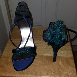 Stuart Weitzman Satin Peacock Feathered Sandals
